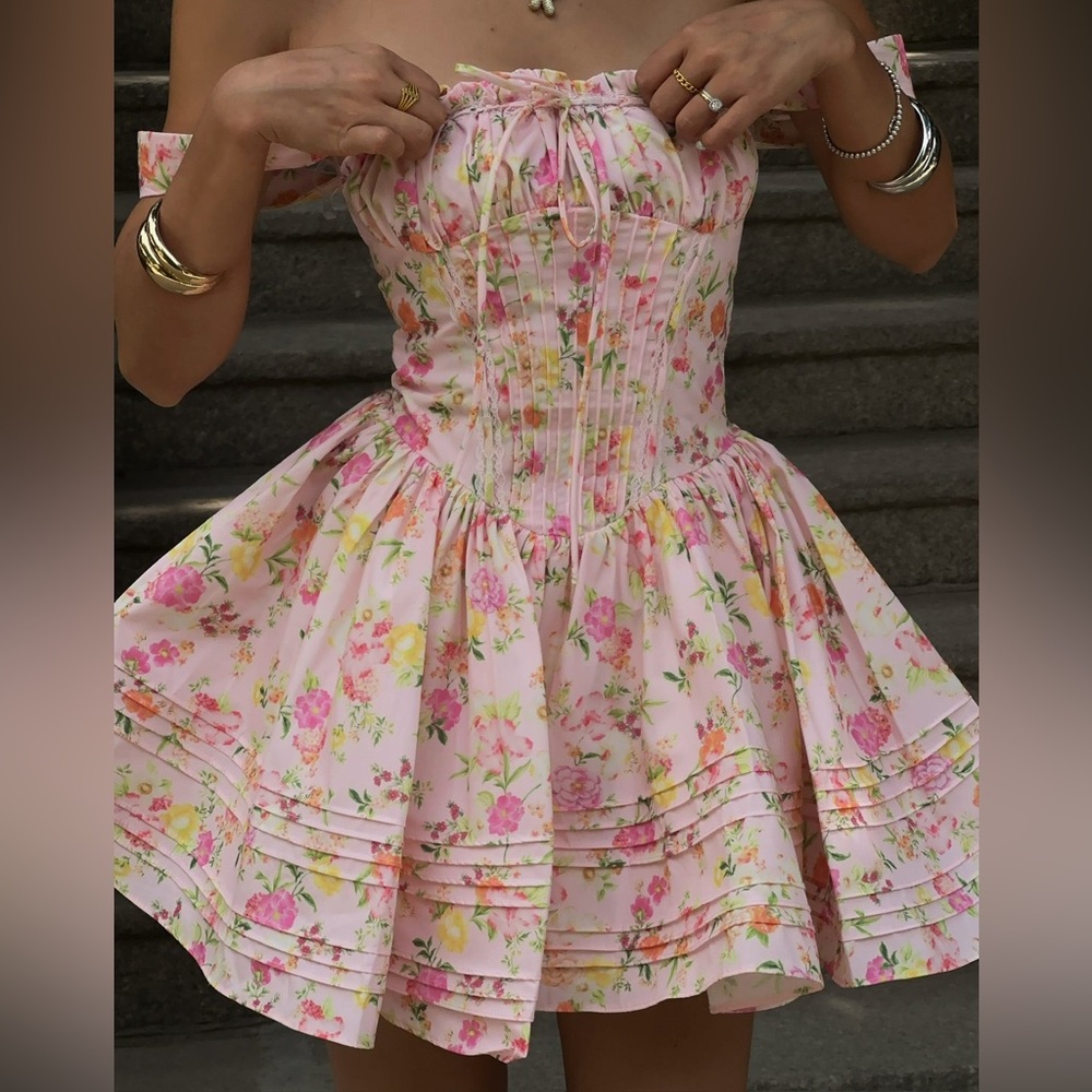 HOUSE OF CB Natassia Pink Meadow Cotton Mini Dress S Regular Length Cup A-C NWOT